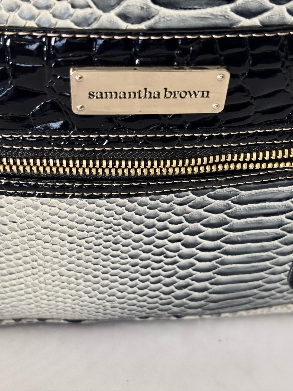 NEW! SAMANTHA BROWN OMBRO CROCO EMBOSSED BACKPACK/CARRY ON BLACK WHITE - Picture 4 of 15